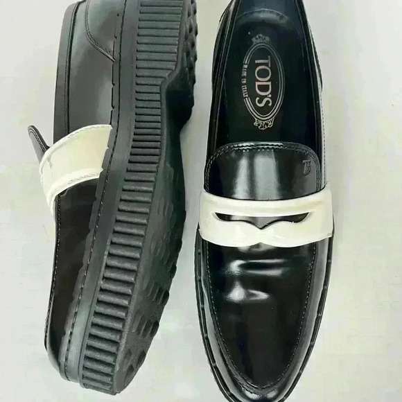 TODS Spazzolato Leather Black Platform White Penny Strap Loafer - Picture 3 of 11